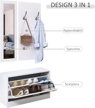 Conjunto de Muebles de Entrada de 3 Piezas con Banco Zapatero, Perchero de Pared y Espejo, Armario para Dormitorio y Pasillo de Madera, 80X27X46.5 Cm, Blanco