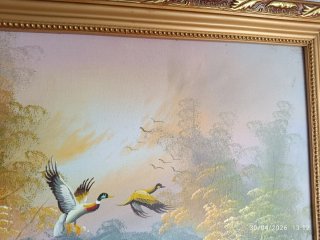 Cuadro Óleo Lienzo Paisaje Aves Dorado
