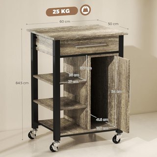 Carro De Cocina Portacomidas Con Cajón, Estantes, Armario Y 4 Ruedas, Madera De Aglomerado, 60X50X84.5Cm, Roble