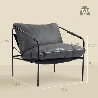 Sillón Moderno Tapizado, Sillón para Dormitorio con Cojines Extraíbles, Reposabrazos y Estructura de Metal, Sillón Relax de Piel PU para Sala de Estar, 74.5X75X77 Cm, Gris Carbón