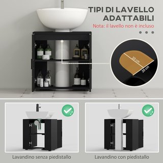 Mueble de Baño Bajo Lavabo con Armario de 2 Puertas, Mueble Bajo Lavabo con Soporte de Madera y Estante Regulable, para Lavabos Con o Sin Columna, 60X30X60Cm, Negro