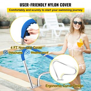 Barandilla de piscina 39x32" Barandilla de piscina de acero inoxidable 304 Capacidad de carga de 250LBS Barandilla de piscina a prueba de óxido con cubierta de agarre azul y broca M8 y tornillos a...