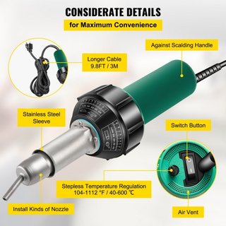 Soldador de Tejas, 8 Piezas Pistola de Soldadura PVC, Soldador de Plástico de Aire Caliente de 1600W, Pistola de Calor PVC 220V, Kit de Soldador de Plástico con Núcleo de Calentamiento de Mica, Re...