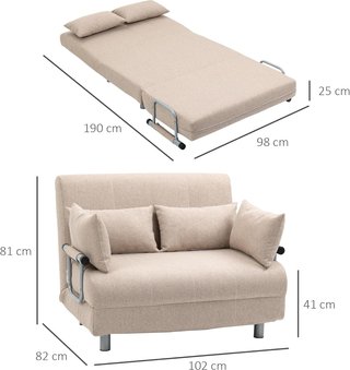 Sofá Cama de 2 Plazas 3 en 1 Convertible en Sillón Reclinable con Respaldo Regulable y 4 Cojines Acolchados, 102X82X81 Cm, Beige