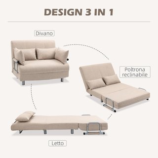 Sofá Cama de 2 Plazas 3 en 1 Convertible en Sillón Reclinable con Respaldo Regulable y 4 Cojines Acolchados, 102X82X81 Cm, Beige