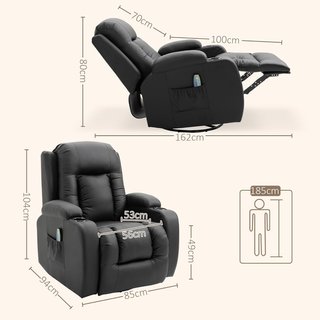 Sillón Masajeador Reclinable Manual, Sillón Relax Eléctrico Calefactable Giratorio Con Balanceo, Portavasos, Control Remoto, Reposapiés, Bolsillos Laterales, en Piel PU, Negro