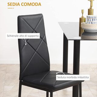 Conjunto de Comedor con 4 Sillas, Mesa Rectangular de Vidrio Templado y Acero y Sillas Tapizadas con Respaldo Alto para Cocina y Sala de Estar, Negro
