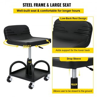 Taburete de Garaje Rodante, Capacidad de 300LBS/136 kg, Altura Ajustable de 15.7 in/40 cm a 20.5 in/52.1 cm, Asiento de Mecánico con Ruedas Giratorias de 360 grados y Bandeja de Herramientas, para...