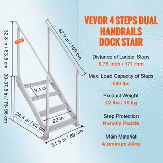 Escalera de muelle de 4 peldaños, escaleras de muelle de altura ajustable de 30''-38'', capacidad de carga de 500 lbs, escalera de pontón de aluminio con doble pasamanos y pedal de diseño antidesl...