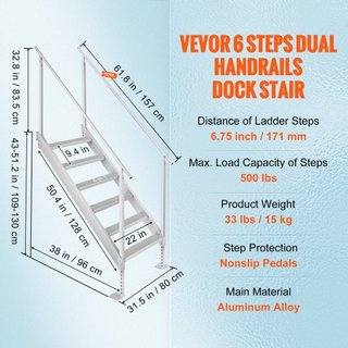 Escalera de muelle de aluminio Escalera de muelle para barco 43-51in/109.2-129.5 cm Altura ajustable 6 escalones