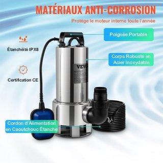 Bomba de Agua Sumergible, 1300W 20000L/H, con Cable de 10 m y Interruptor de Flotador Automático, Acero Inoxidable y Hierro Fundido para Agua Sucia o Limpia, Vaciar Estanques de Jardín, Piscinas, ...