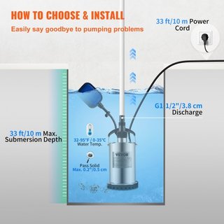 Bomba de Agua Sumergible, 550W 9500L/H, con Cable de 10 m y Interruptor de Flotador Automático, Acero Inoxidable Portátil para Áreas Inundadas Limpias, Piscinas, Jacuzzis, para Riego
