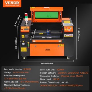 Grabador láser CO2 de 50W, 30 x 51 cm (12 x 20 in), máquina cortadora láser de 500 mm/s (19.7 IPS) con asistencia de aire de doble paso, compatible con LightBurn, CorelDRAW, AutoCAD, Windows, Mac ...