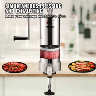 Rellenador de Salchichas, Capacidad de 5LBS/3L, Rellenador de Salchichas Vertical de Acero Inoxidable 304, Máquina de Relleno de Salchichas con 3 Tubos de Relleno, Base de Succión y Manivela Manua...