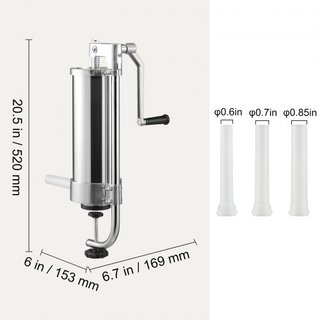 Rellenador de Salchichas, Capacidad de 5LBS/3L, Rellenador de Salchichas Vertical de Acero Inoxidable 304, Máquina de Relleno de Salchichas con 3 Tubos de Relleno, Base de Succión y Manivela Manua...