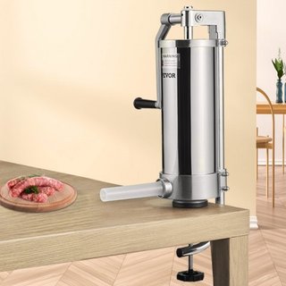 Rellenador de Salchichas, Capacidad de 5LBS/3L, Rellenador de Salchichas Vertical de Acero Inoxidable 304, Máquina de Relleno de Salchichas con 3 Tubos de Relleno, Base de Succión y Manivela Manua...