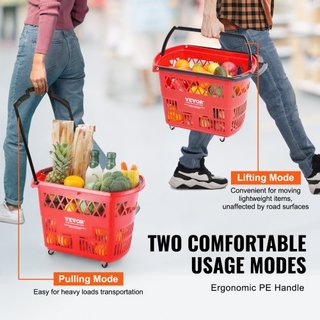 Cestas de Compras, 6PCS, Carritos de Compras de 39L con Mangos, Cesta de Compras Rodante de Plástico con Ruedas, Conjunto de Cestas de Compras Portátiles Grandes para Supermercados, Tiendas Minori...