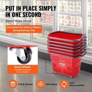 Cestas de Compras, 6PCS, Carritos de Compras de 39L con Mangos, Cesta de Compras Rodante de Plástico con Ruedas, Conjunto de Cestas de Compras Portátiles Grandes para Supermercados, Tiendas Minori...
