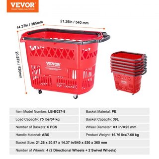 Cestas de Compras, 6PCS, Carritos de Compras de 39L con Mangos, Cesta de Compras Rodante de Plástico con Ruedas, Conjunto de Cestas de Compras Portátiles Grandes para Supermercados, Tiendas Minori...