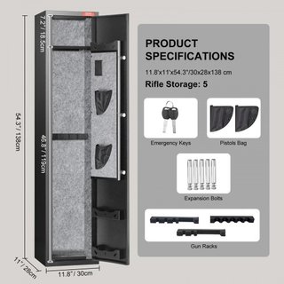 Caja Fuerte para 5 Rifles, Caja Fuerte para Rifles con Cerradura Biométrica, Armario de Almacenamiento de Armas de Acceso Rápido para Escopetas con Estante Extraíble, Soporte para Pistolas, Caja d...