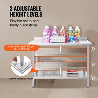 Mesa de Trabajo de Acero Inoxidable de 24 x 48 x 36 Pulgadas, Mesa de Preparación de Alimentos Comercial, Mesa de Trabajo Pesada, Mesa de Trabajo de Metal con Altura Ajustable para Restaurante, Ho...