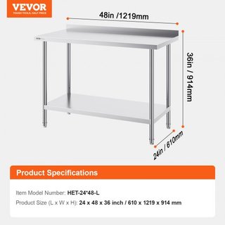 Mesa de Trabajo de Acero Inoxidable de 24 x 48 x 36 Pulgadas, Mesa de Preparación de Alimentos Comercial, Mesa de Trabajo Pesada, Mesa de Trabajo de Metal con Altura Ajustable para Restaurante, Ho...