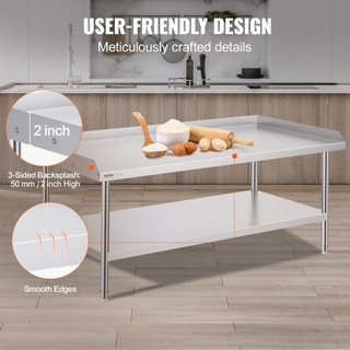 Mesa de Trabajo de Acero Inoxidable, Mesa de Preparación de Alimentos Comercial de 30 x 60 x 26 Pulgadas, Mesa de Trabajo Pesada con Respaldo de 3 Lados, Mesa de Metal para Restaurante, Hogar, Hotel