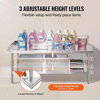 Mesa de Trabajo de Acero Inoxidable, Mesa de Preparación de Alimentos Comercial de 30 x 60 x 26 Pulgadas, Mesa de Trabajo Pesada con Respaldo de 3 Lados, Mesa de Metal para Restaurante, Hogar, Hotel