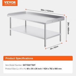 Mesa de Trabajo de Acero Inoxidable, Mesa de Preparación de Alimentos Comercial de 30 x 60 x 26 Pulgadas, Mesa de Trabajo Pesada con Respaldo de 3 Lados, Mesa de Metal para Restaurante, Hogar, Hotel