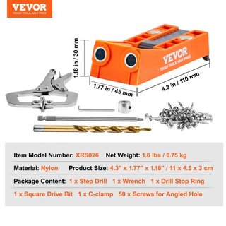 Jig de Agujeros de Pocket, Sistema de Jig Pocket de 56 Pcs con Abrazadera en C de 22.9 cm, Broca Escalonada, Llave, Anillo de Parada de Broca, Punta de Conducción Cuadrada y Tornillos, para Proyec...