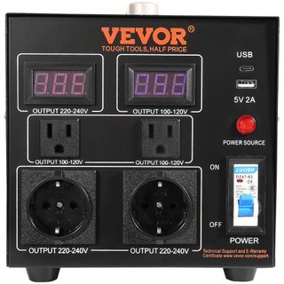 Convertidor de Voltaje Transformador, 2000VA, Transformador Pesado de Paso Arriba/Abajo, Convierte de 110 Voltios a 220 Voltios y de 220 Voltios a 110 Voltios, con Salida US Salida EU Puerto USB 5...