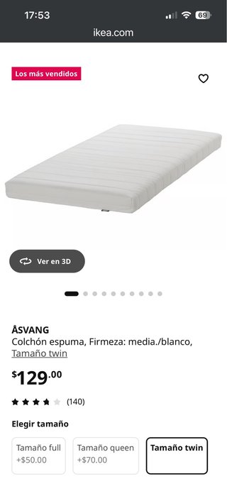Colchon 90cm espuma modelo Asvang Ikea