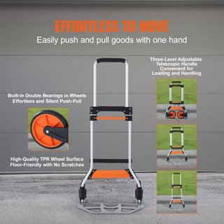 Carro Plegable, Capacidad de Carga de 124.7 kg, Carrito Portátil de Aluminio, Carro y Dolly Convertible con Mango Telescópico y Ruedas PP+TPR, Ultra Ligero y Súper Resistente para Mudanzas de Almacén
