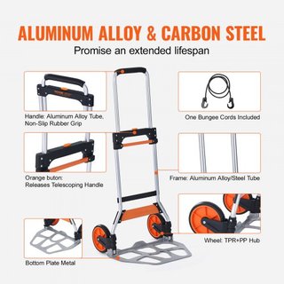 Carro Plegable, Capacidad de Carga de 124.7 kg, Carrito Portátil de Aluminio, Carro y Dolly Convertible con Mango Telescópico y Ruedas PP+TPR, Ultra Ligero y Súper Resistente para Mudanzas de Almacén