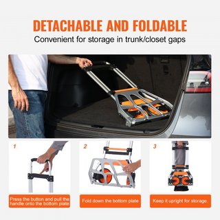 Carro Plegable, Capacidad de Carga de 124.7 kg, Carrito Portátil de Aluminio, Carro y Dolly Convertible con Mango Telescópico y Ruedas PP+TPR, Ultra Ligero y Súper Resistente para Mudanzas de Almacén