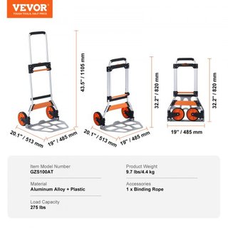 Carro Plegable, Capacidad de Carga de 124.7 kg, Carrito Portátil de Aluminio, Carro y Dolly Convertible con Mango Telescópico y Ruedas PP+TPR, Ultra Ligero y Súper Resistente para Mudanzas de Almacén