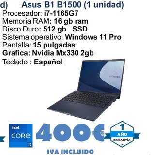 Asus B1 B1500 i7 16GB RAM 512GB SSD W11 Pro