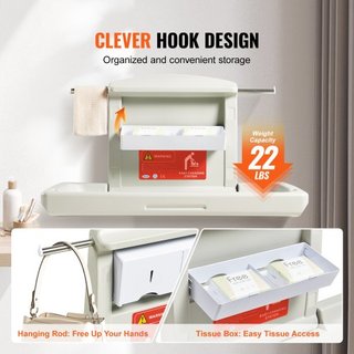Estación de Cambio de Bebé Montada en la Pared, Mesa de Cambio de Pañales Plegable Horizontal con Correas de Seguridad y Varillas Colgantes, Uso en Baños Comerciales, Centros de Cuidado Infantil p...