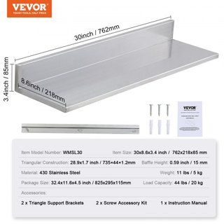 Estante de Acero Inoxidable de 21.8 x 76.2 cm, Estantería Flotante Montada en la Pared con Respaldo, Estantes Comerciales con Capacidad de Carga de 20 kg, Estante de Almacenamiento de Alta Resiste...