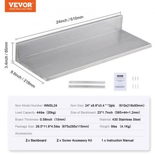 Estante de Acero Inoxidable de 21.8 x 61 cm, Estantería Flotante Montada en la Pared con Respaldo, Estantes Comerciales de 20 kg de Capacidad de Carga, Estante de Almacenamiento de Alta Resistenci...