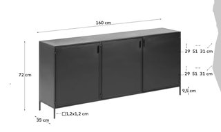 Aparador Shantay 3 puertas de acero con acabado pintado negro 160 x 72 cm