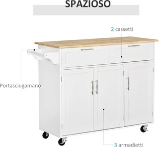 Carro De Cocina Multifuncional Con 2 Cajones, 3 Puertas Y 4 Ruedas, De Madera Y MDF, 121X46X91Cm, Blanco