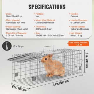 Trampa de Animales Vivos, 61 x 20.3 x 20.3 cm Trampa Humana para Gatos de Hierro Galvanizado, Trampa Plegable para Animales con Mango para Conejos, Gatos Callejeros, Ardillas, Mapaches, Marmotas y...