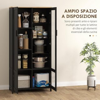Mueble de Almacenamiento de Cocina con 9 Estantes Ajustables y Puertas de Vidrio, Mueble de Cocina de Madera, 76X36X160 Cm, Negro y Color Madera