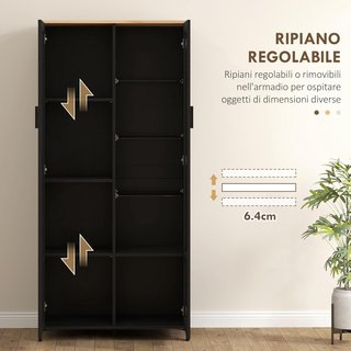 Mueble de Almacenamiento de Cocina con 9 Estantes Ajustables y Puertas de Vidrio, Mueble de Cocina de Madera, 76X36X160 Cm, Negro y Color Madera