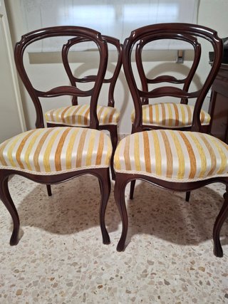 4 Sillones Isabelinos Madera Tapizado Rayas