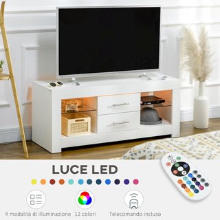 Mueble Porta TV De 55" Con Luces LED De 12 Colores Y Control Remoto, Mueble De Salón De Madera Con Estantes De Vidrio 120X40X50Cm, Blanco
