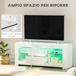 Mueble Porta TV De 55" Con Luces LED De 12 Colores Y Control Remoto, Mueble De Salón De Madera Con Estantes De Vidrio 120X40X50Cm, Blanco