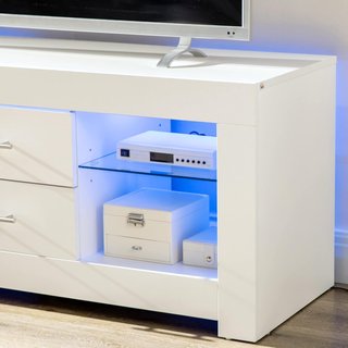 Mueble Porta TV De 55" Con Luces LED De 12 Colores Y Control Remoto, Mueble De Salón De Madera Con Estantes De Vidrio 120X40X50Cm, Blanco