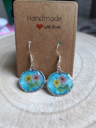 Pendientes Flores Secas Azul Rosa